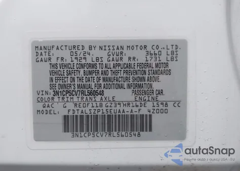 2024 Nissan Kicks Sv Xtronic Cvt z USA, uszkodzony, nr VIN 3N1CP5CV7RL560548